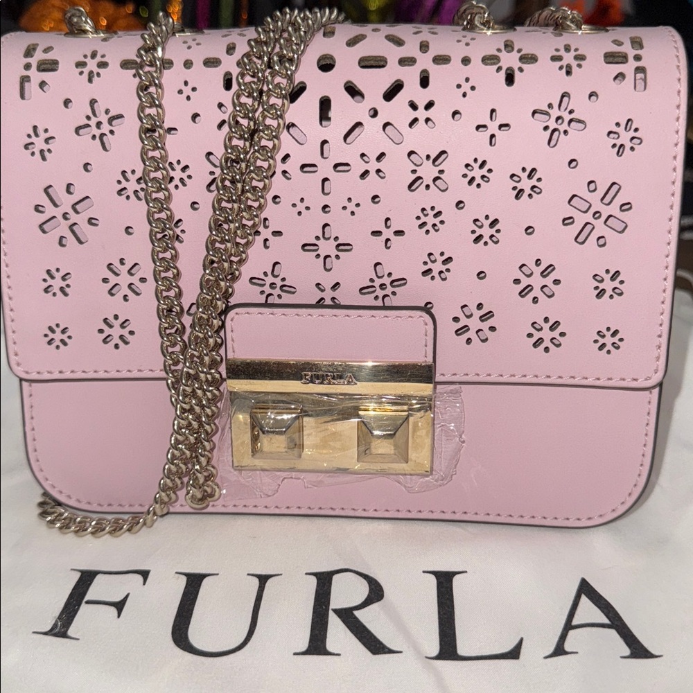NEW| Authentic Furla Pink Perforated Crossbody Bag with silver chain.